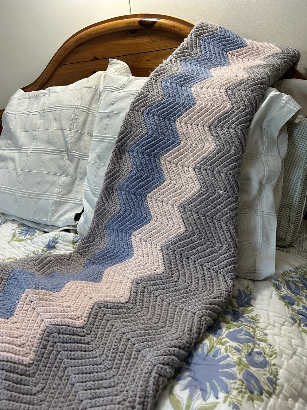 Vintage 80's hand crocheted throw in a herringbone pattern